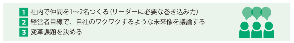 1 社内で仲間を1～2名つくる（リーダーに必要な巻き込み力）2 経営者目線で、自社のワクワクするような未来像を議論する 3 変革課題を決める