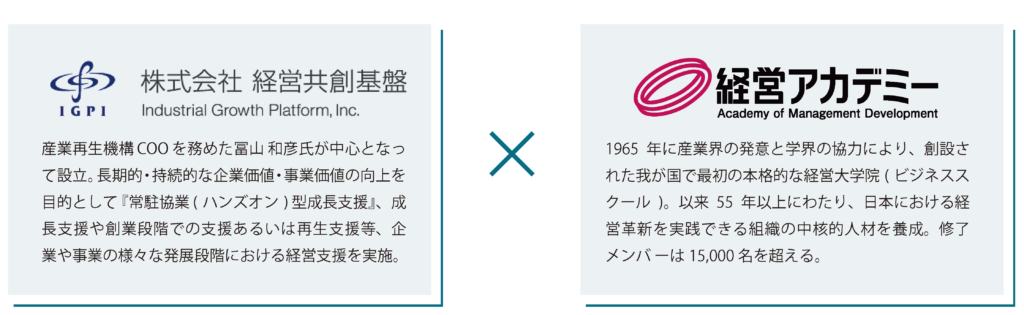 産業再生機構COOを務めた冨山和彦氏が中心となって設立。長期的・持続的な企業価値・事業価値の向上を目的として『常駐協業(ハンズオン)型成長支援』、成長支援や創業段階での支援あるいは再生支援等、企業や事業の様々な発展段階における経営支援を実施。1965年に産業界の発意と学界の協力により、創設された我が国で最初の本格的な経営大学院(ビジネススクール)。以来55年以上にわたり、日本における経営革新を実践できる組織の中核的人材を養成。修了メンバーは15,000名を超える。