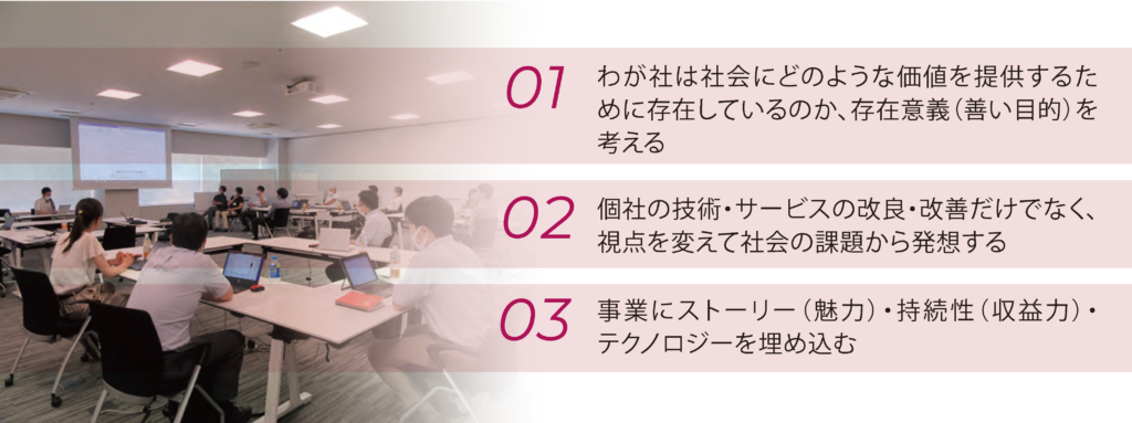 1 わが社は社会にどのような価値を提供するために存在しているのか、存在意義（善い目的）を考える 2 個社の技術・サービスの改良・改善だけでなく、視点を変えて社会の課題から発想する 3 事業にストーリー（魅力）・持続性（収益力）・テクノロジーを埋め込む